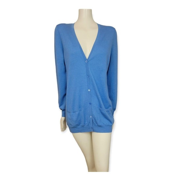 Eric Bompard 100% Cashmere Soft Cardigan V-Neck Classic Front Patch Pockets Blue - Picture 3 of 12